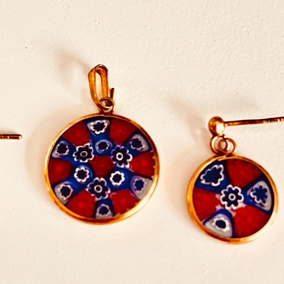 Murano Glass Millefiori Set Pendant & Earrings Pierced 24kt Gold Italy Red Blue - Picture 9 of 12